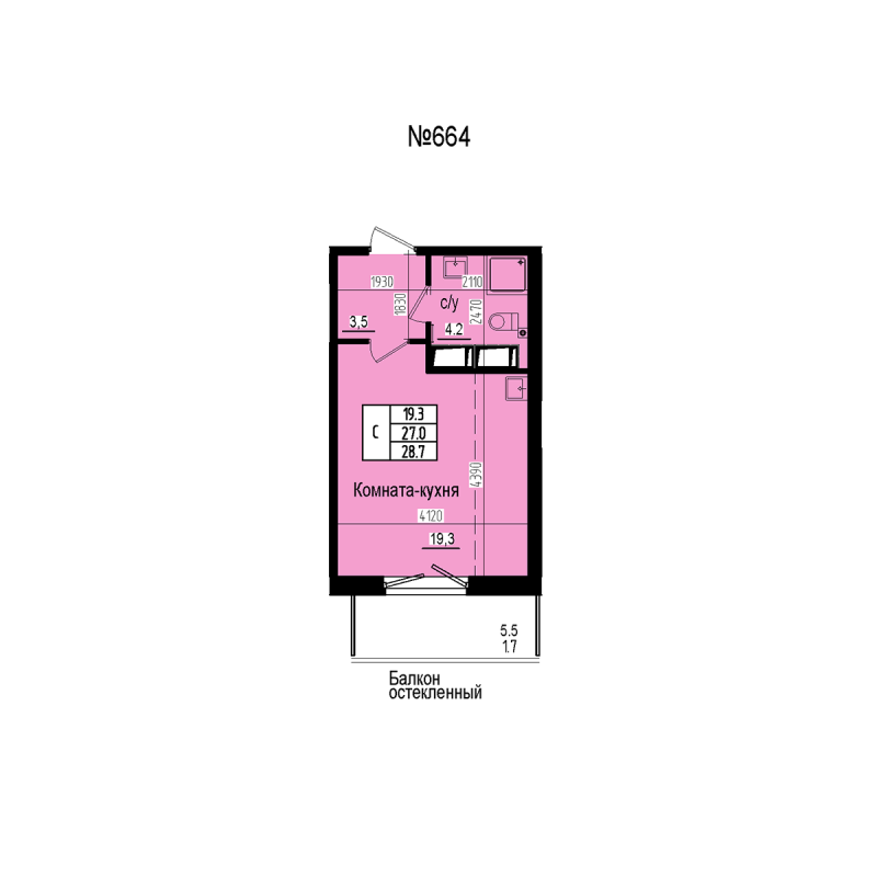 Студия 28,7 м²