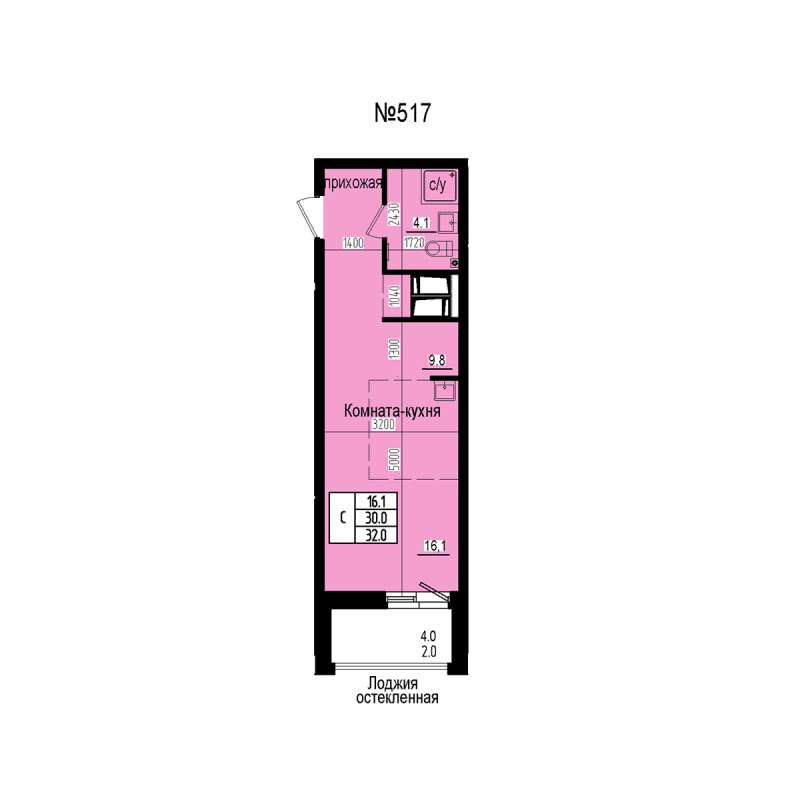 Студия 32 м²