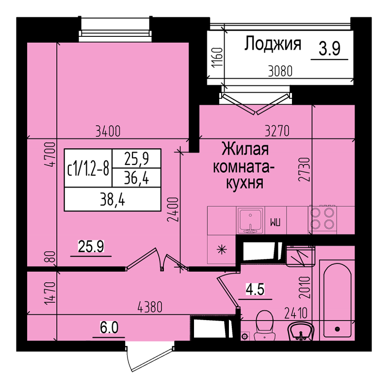 Студия 38,4 м²