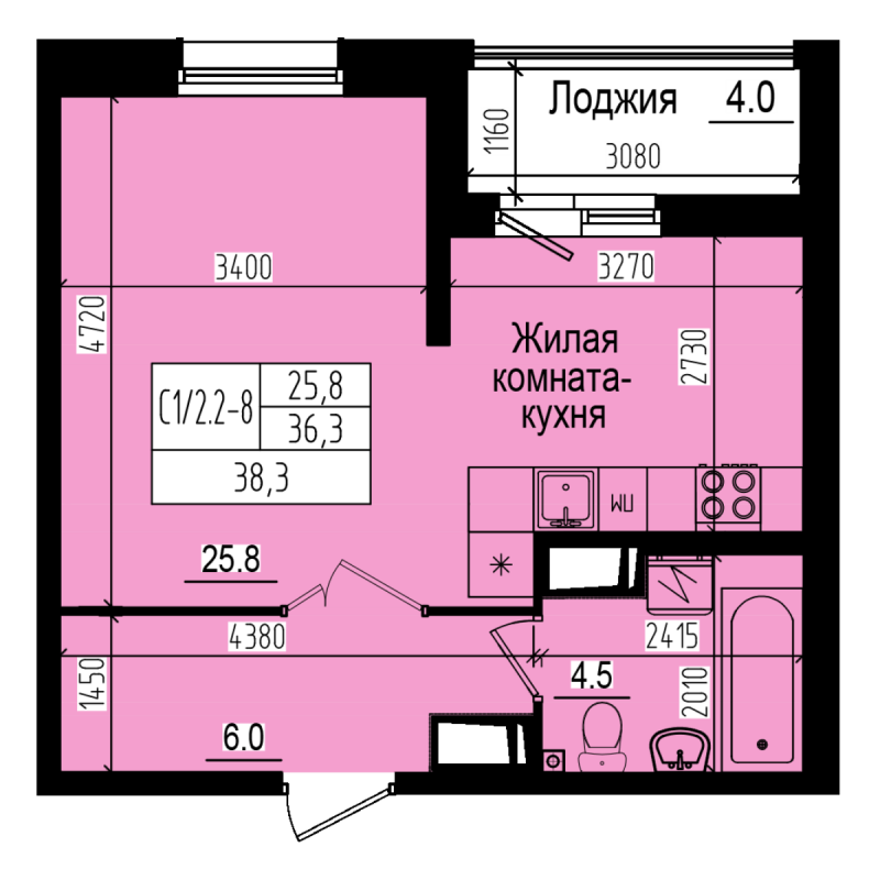 Студия 38,3 м²