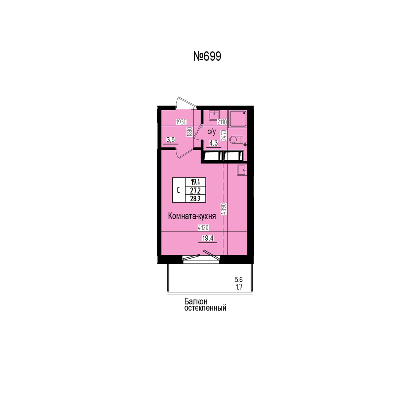 Студия 28,9 м²