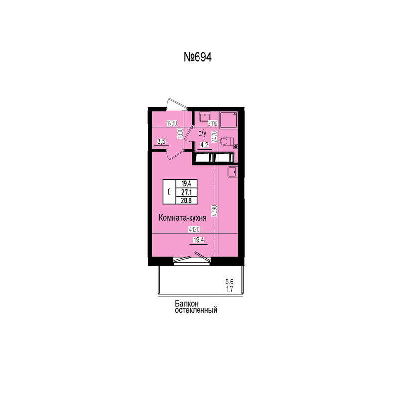 Студия 28,8 м²