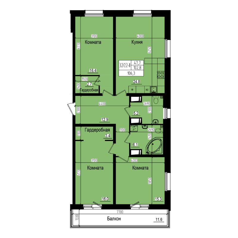 4 ккв (Евро) 106,3 м²