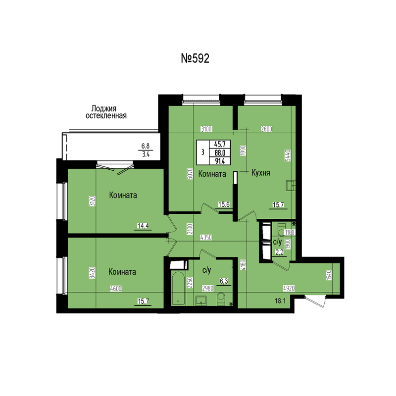 4 ккв (Евро) 91,4 м²