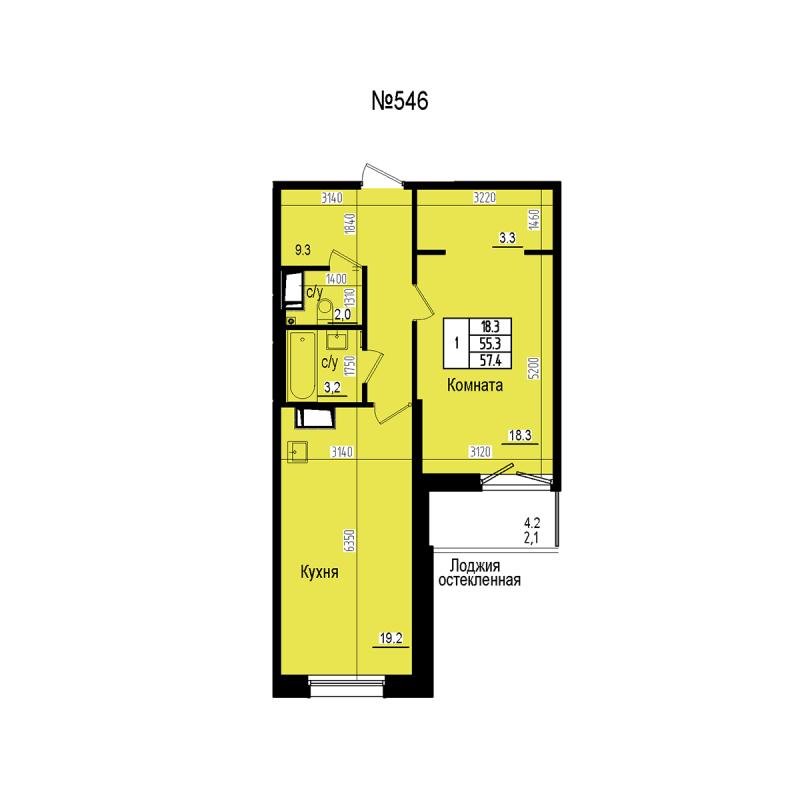 2 ккв (Евро) 57,4 м²