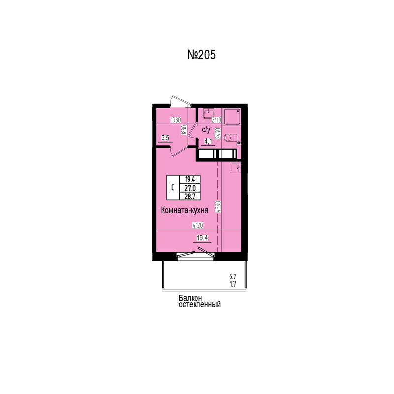 Студия 28,7 м²