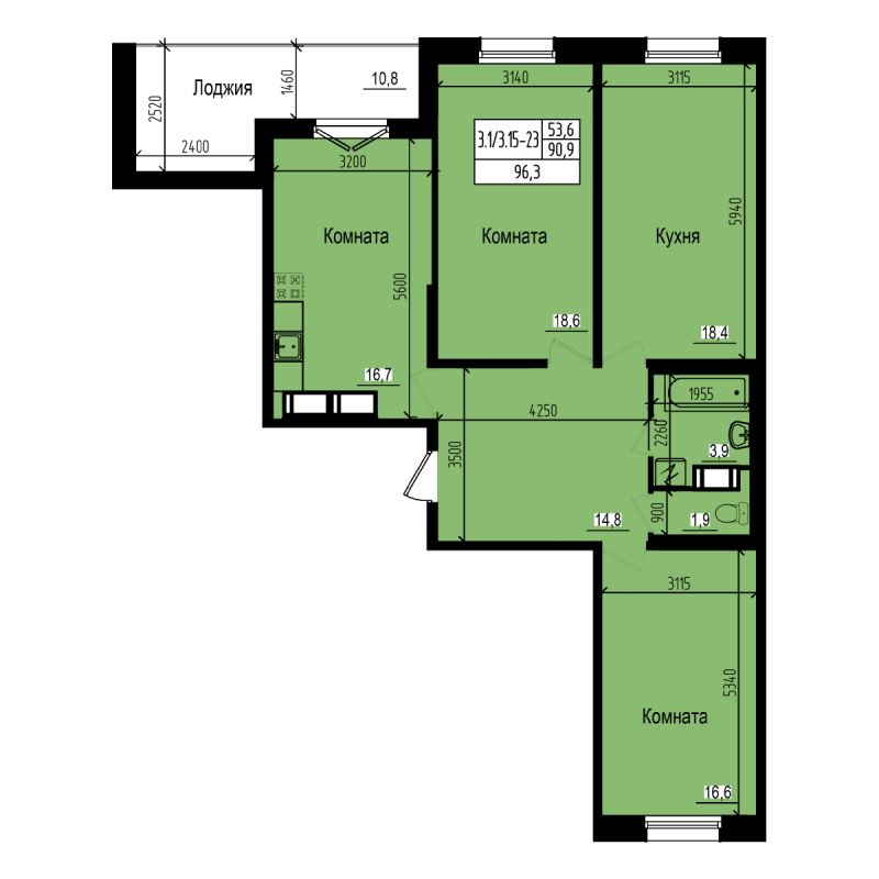 3 ккв 96,3 м²