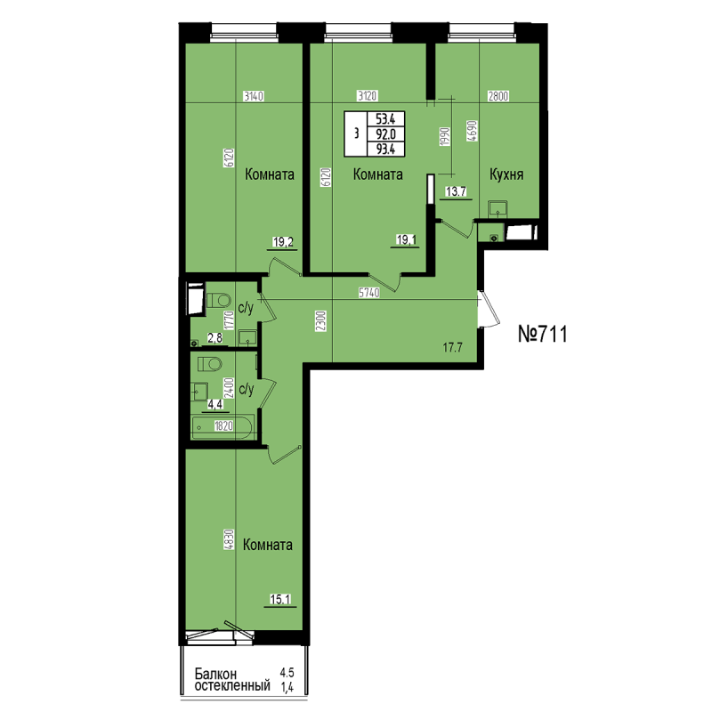 3 ккв 93,4 м²