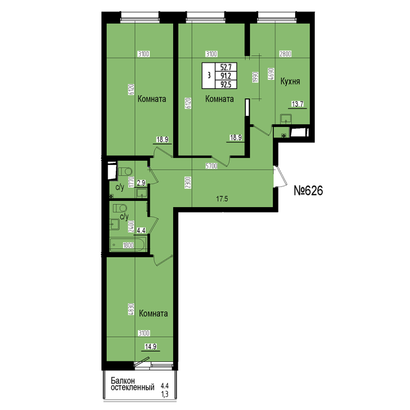 3 ккв 92,5 м²