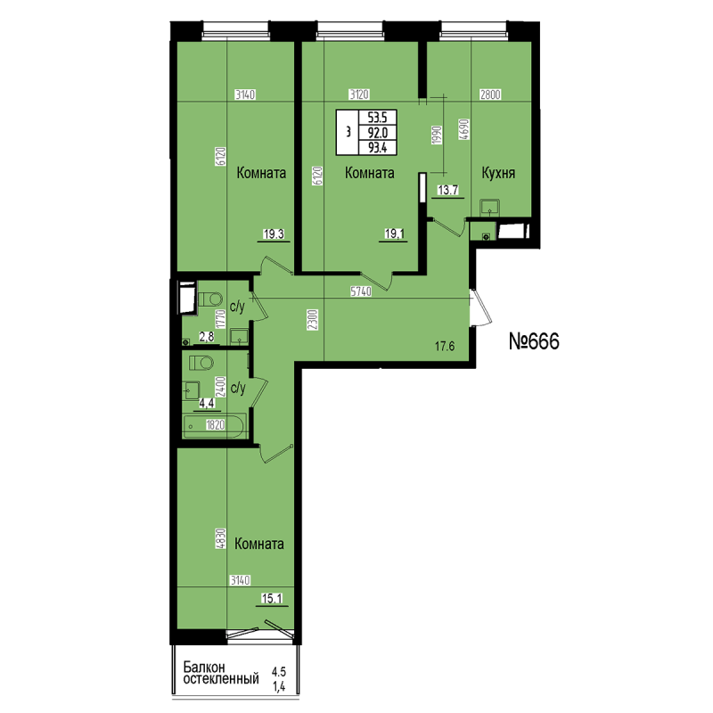 3 ккв 93,4 м²