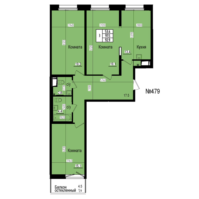 3 ккв 92,9 м²