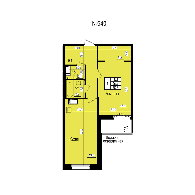2 ккв (Евро) 57,4 м²