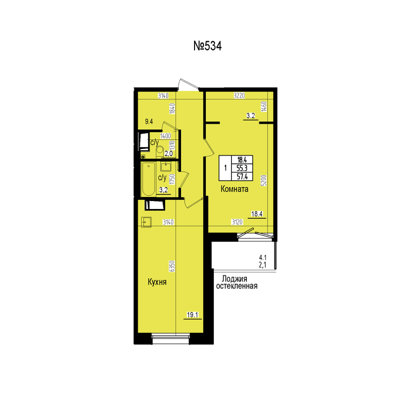 2 ккв (Евро) 57,4 м²