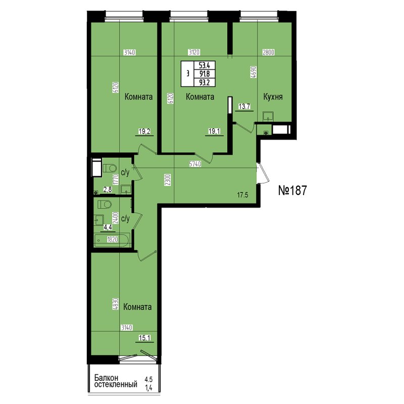 3 ккв 93,2 м²