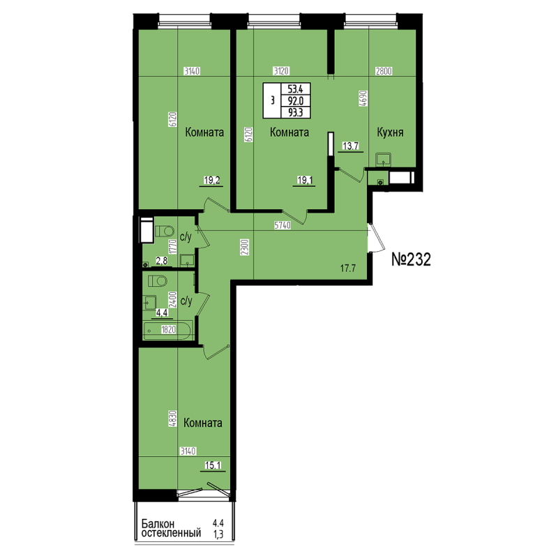 3 ккв 93,3 м²