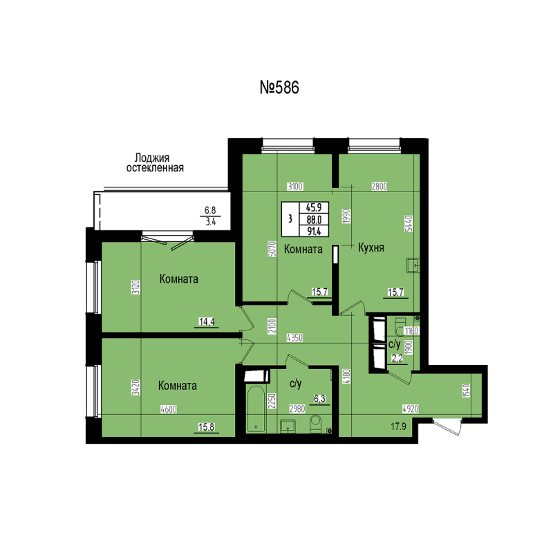 4 ккв (Евро) 91,4 м²