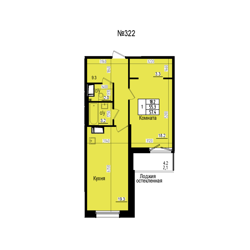 2 ккв (Евро) 57,4 м²