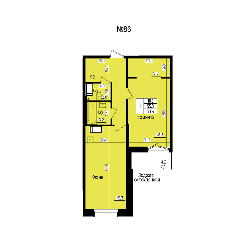 2 ккв (Евро) 57,4 м²
