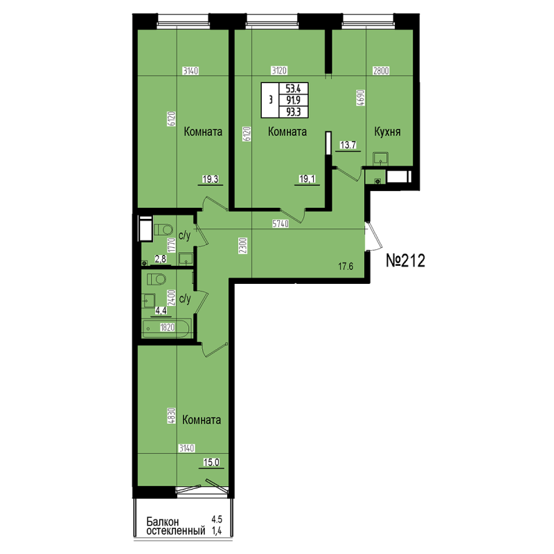 3 ккв 93,3 м²