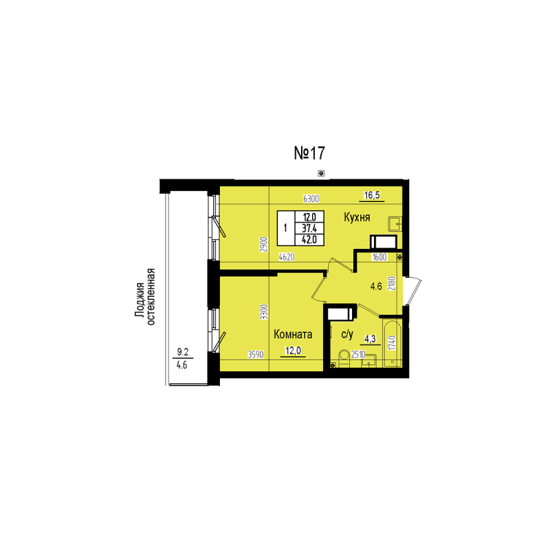 2 ккв (Евро) 42 м²