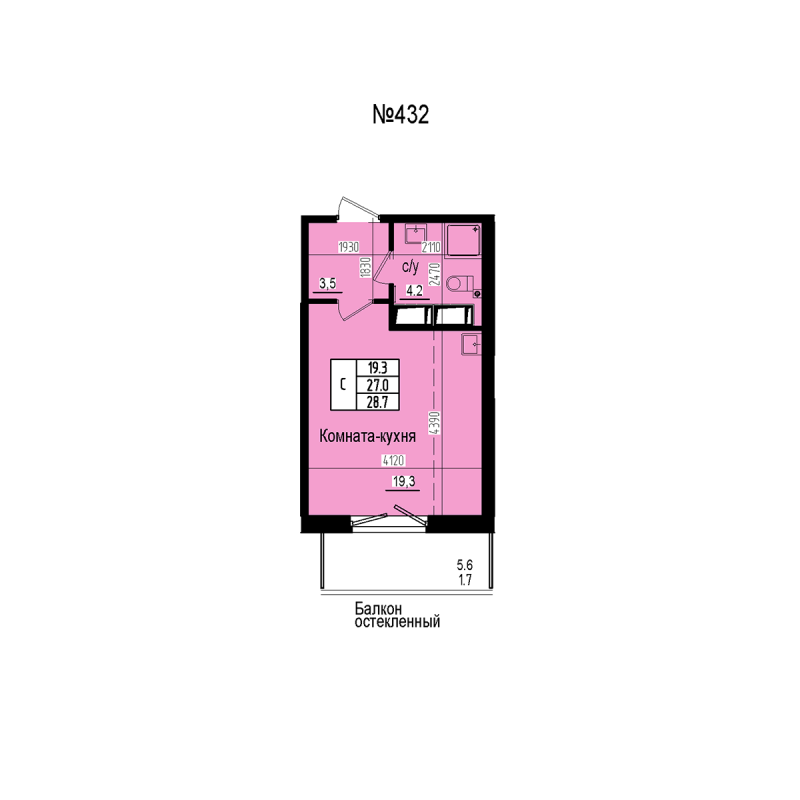 Студия 28,7 м²