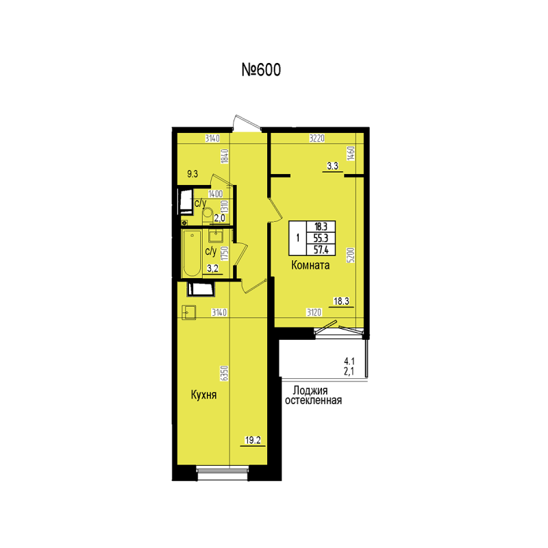 2 ккв (Евро) 57,4 м²