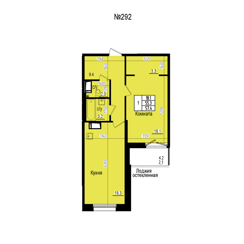 2 ккв (Евро) 57,4 м²
