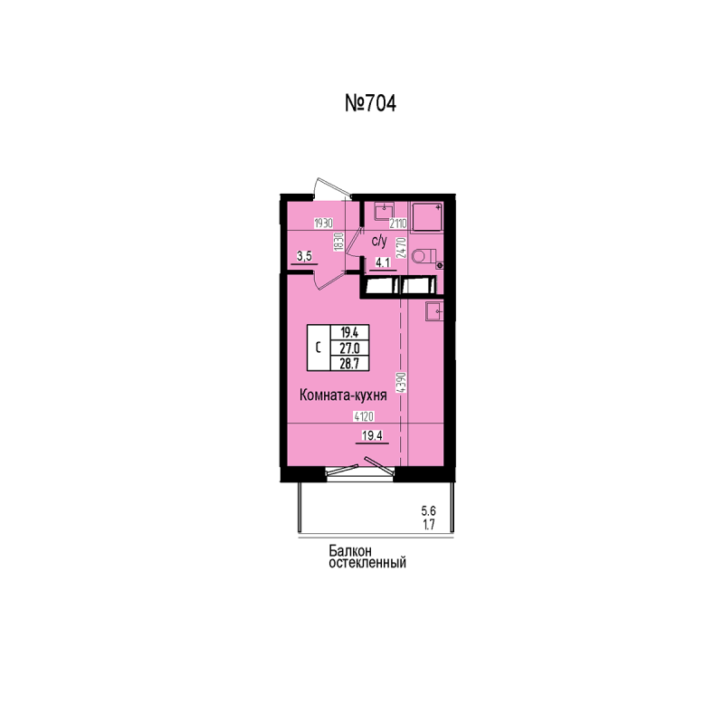 Студия 28,7 м²