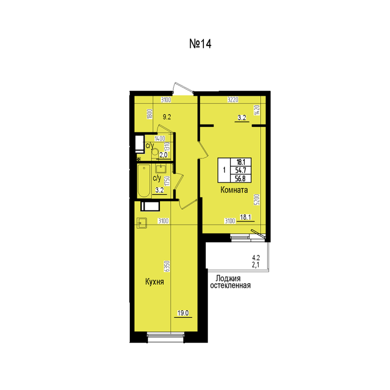 2 ккв (Евро) 56,8 м²