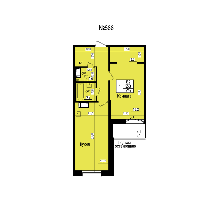 2 ккв (Евро) 57,4 м²