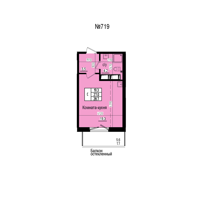 Студия 28,7 м²