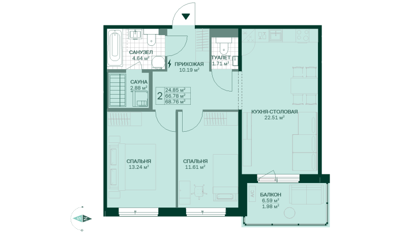 3 ккв (Евро) 68,8 м²
