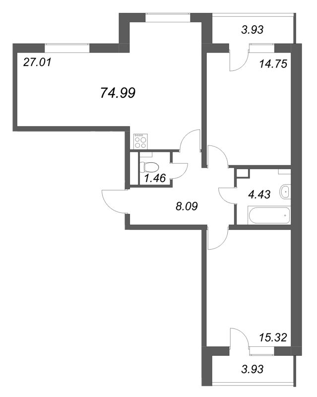 3 ккв (Евро) 75 м²