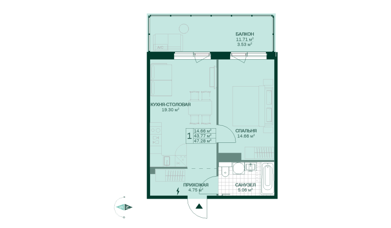2 ккв (Евро) 47,3 м²