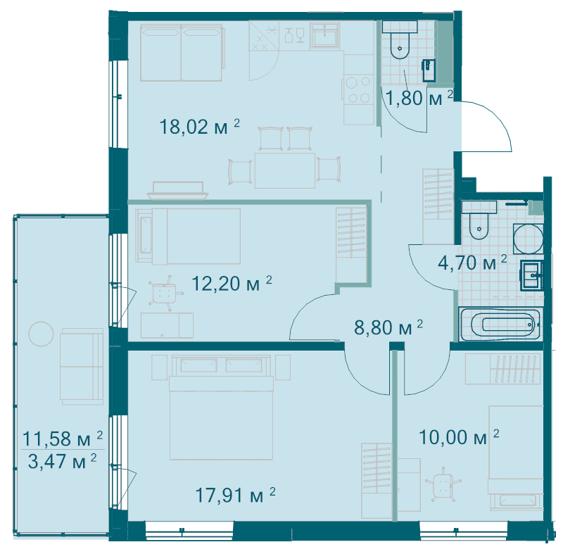 4 ккв (Евро) 76,9 м²