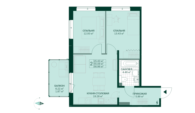 3 ккв (Евро) 57 м²