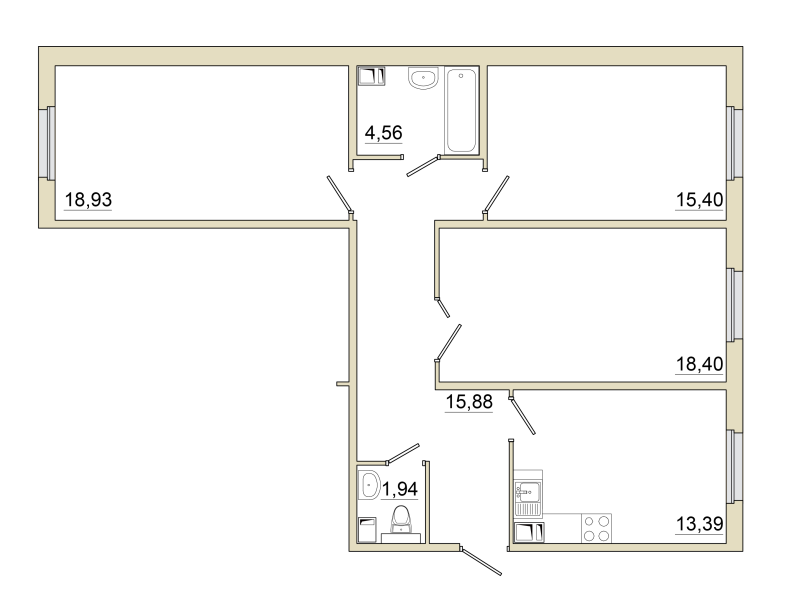 3 ккв 88,9 м²