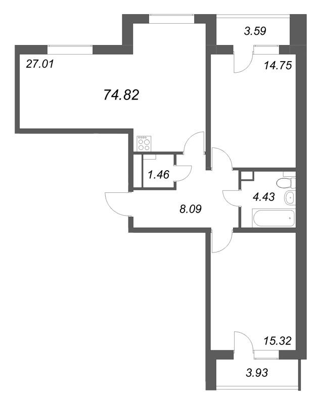 3 ккв (Евро) 74,8 м²