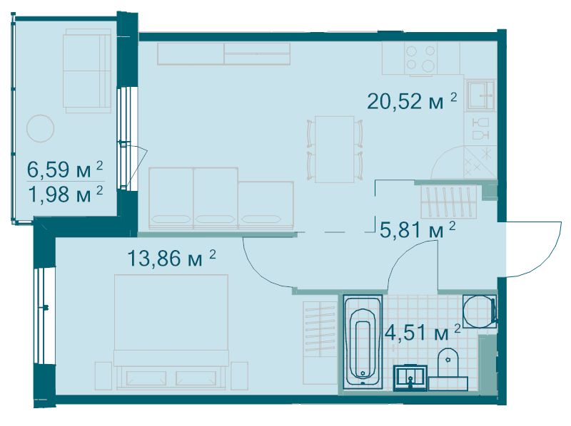 2 ккв (Евро) 46,7 м²
