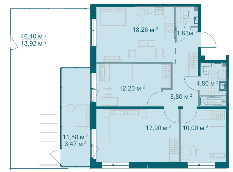 4 ккв (Евро) 91,2 м²