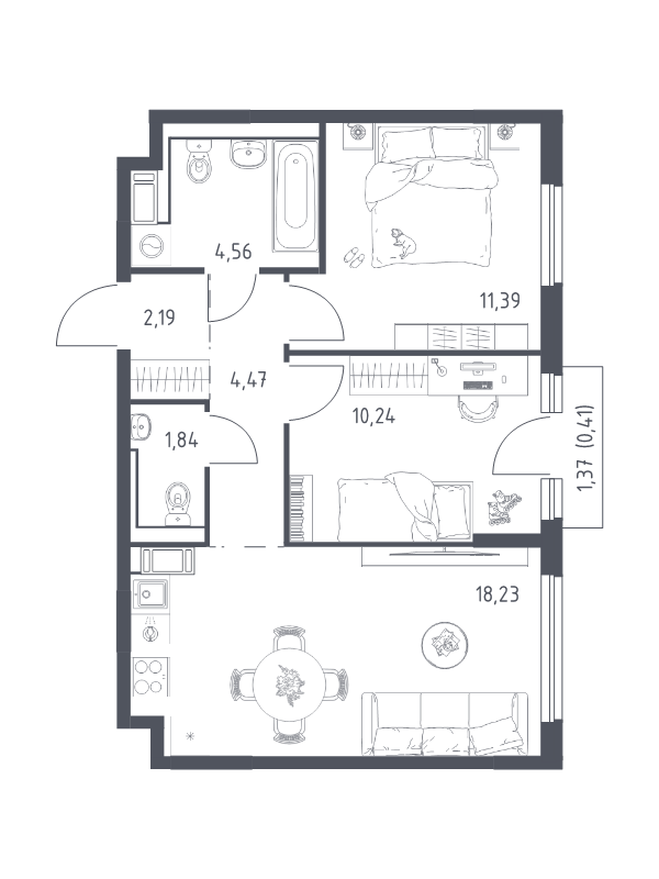 3 ккв (Евро) 53,4 м²