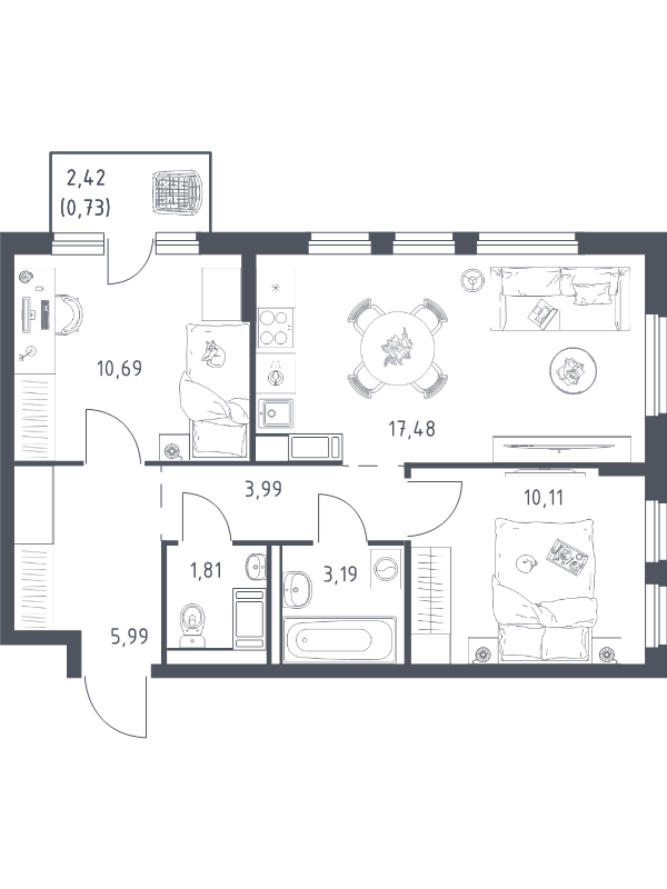 3 ккв (Евро) 54 м²