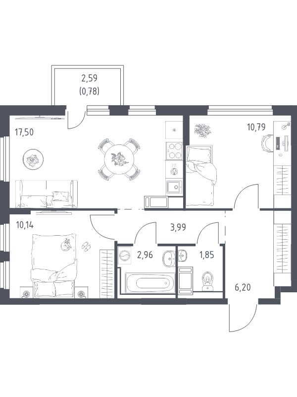 3 ккв (Евро) 53,9 м²