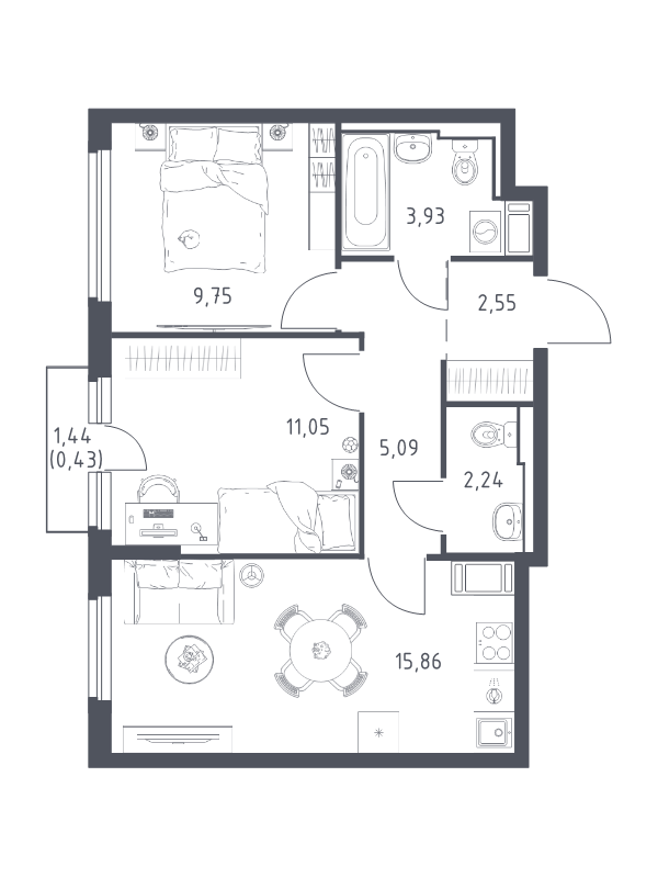 3 ккв (Евро) 50,9 м²