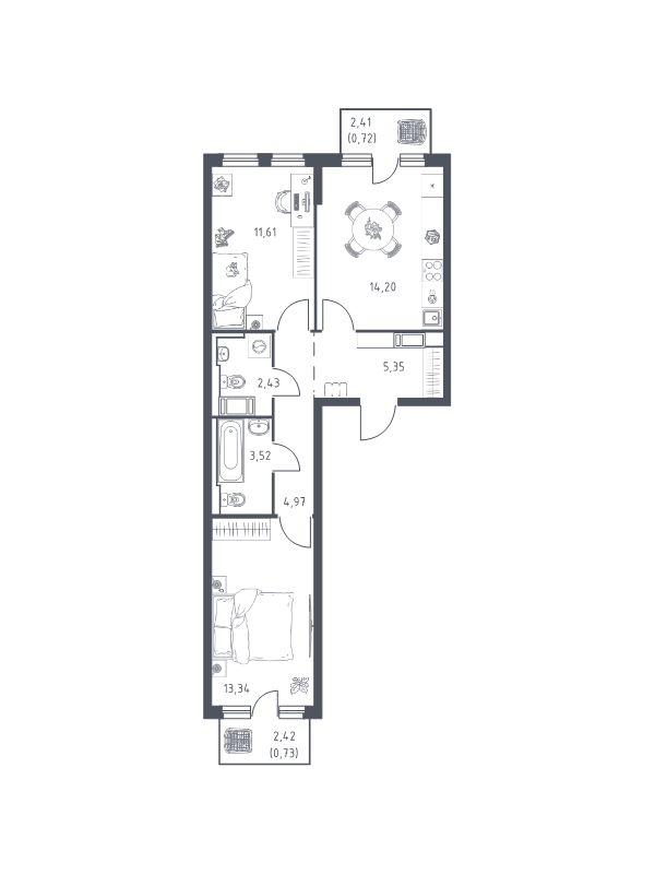 2 ккв 56,9 м²