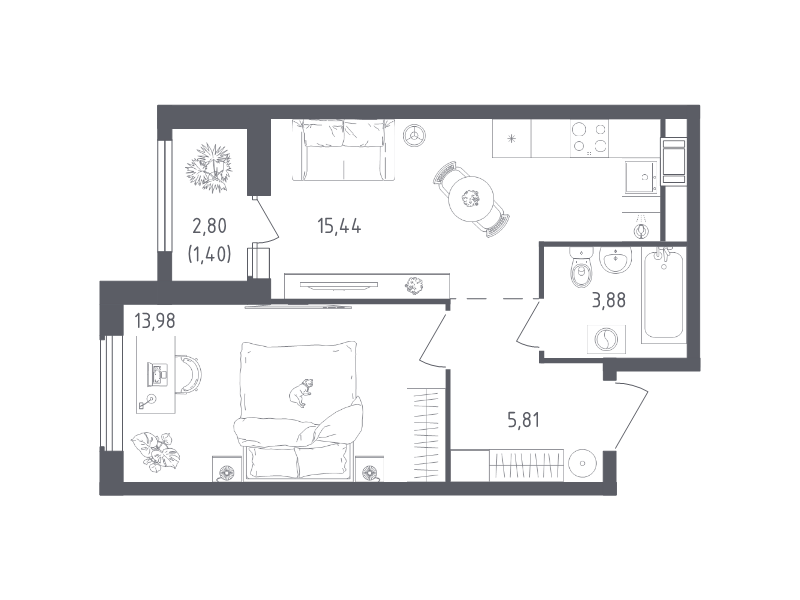 2 ккв (Евро) 40,5 м²