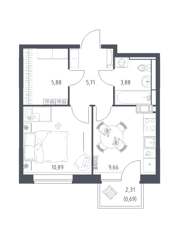 1 ккв 36,7 м²