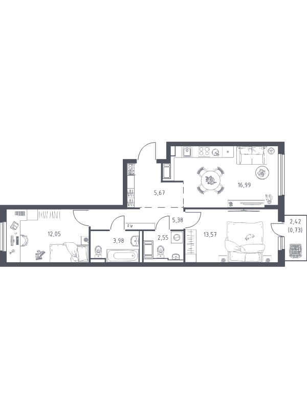 3 ккв (Евро) 60,9 м²