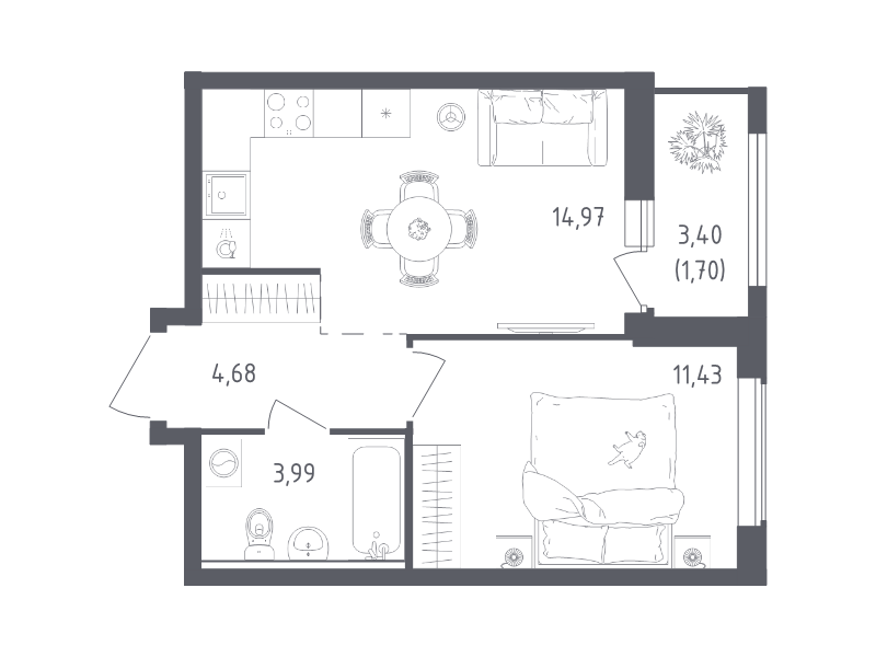 1 ккв 36,8 м²
