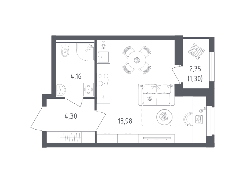 Студия 28,7 м²
